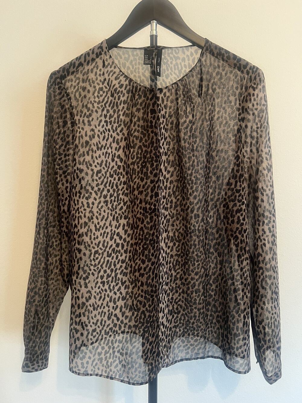 MNG by Mango Leopard Cheetah Print Blouse Top Long Sleeve Shirt Size 8 Sheer